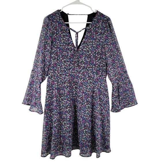 Sam Edelman Floral Dress Womens Sz 8 Black Pink Bell Sleeve Cottage BOHO - Picture 1 of 13